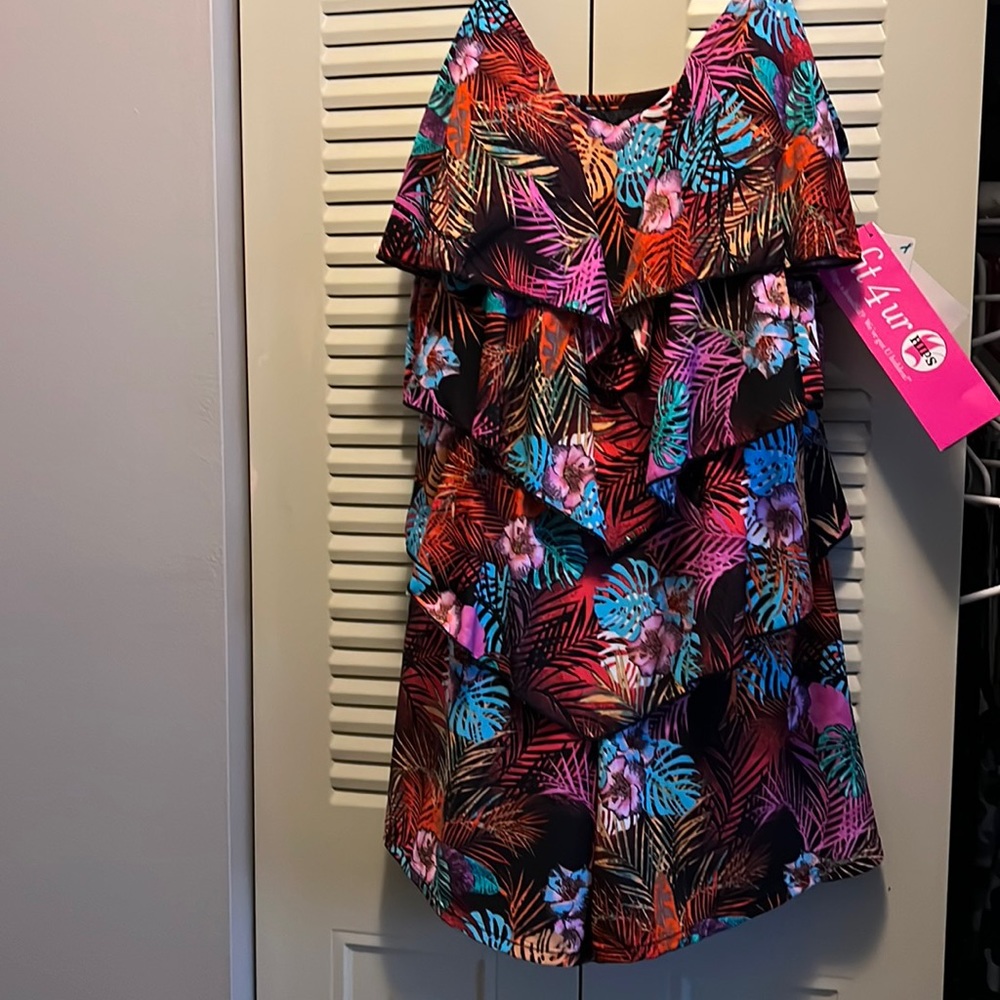 Unique, 3 tiered swimsuit -tropical print of rose, black, orange, turquoise